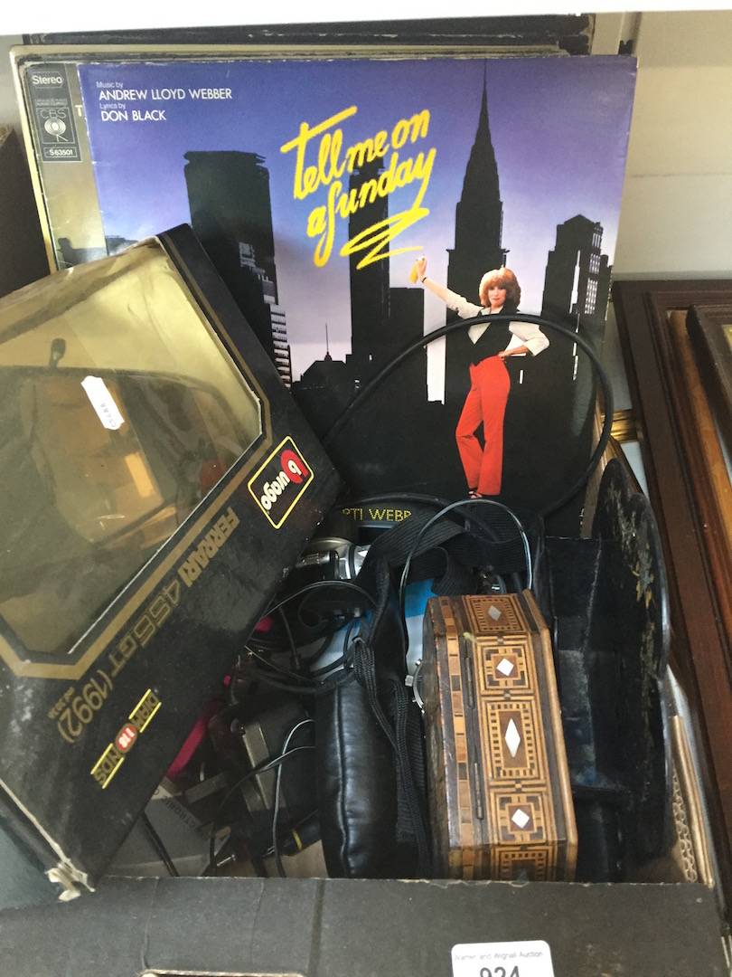 Box with LP records, model car and other items
