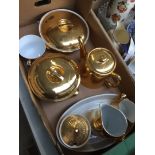 Box of Worcester gold finish kitchen ware