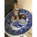 Blue and white platter and small ornaments