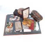 A mixed lot to include bakelite, postcards, a Mauchline ware box etc.