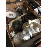 Box of ceramics, miniature sewing machine etc.