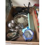 A box of misc ornaments, weighing scales, etc