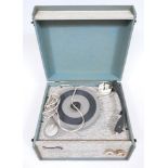 A Dansette portable record player in turquoise and textured grey.