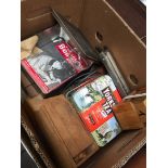 Box of items inc. chess pieces, wooden calendar etc.