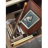 Box of engravings and other pictures and a brass pump