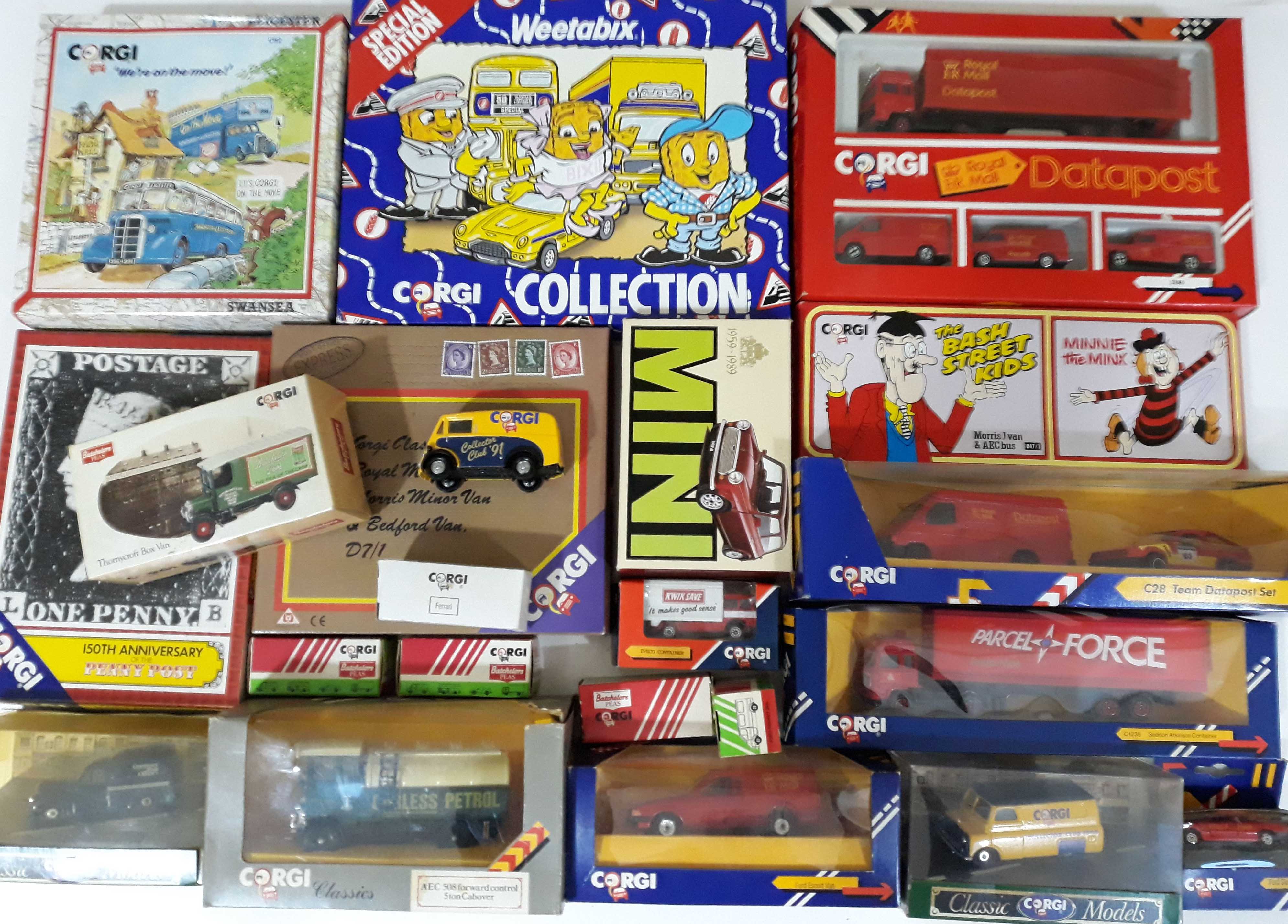 22 Corgi diecast models including Weetabix, Datapost, Bash Street Kids, We're on the Move, 150th