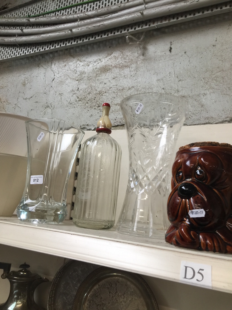 Two glass vases, soda syphon and dog pot