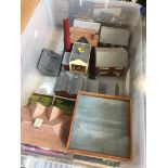 A box of railway pieces to include sheds and houses
