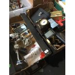 Two boxes of misc, icluding binoculars, camera's, trophies etc