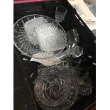 A box of glass and crystal items to include ashtrays, vases, bowls, etc
