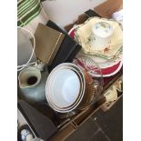 Box of items inc. brown mark Belleek pot