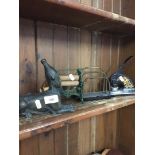 Metal sphinx, miniature mangle, letter rack and seal