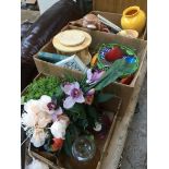 3 boxes of misc pottery, vases, artificial flowers, ornaments, etc