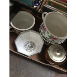 A box of pottery including a biscuit barrel