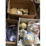 3 Boxes of assorted pottery and ornaments, tea pots, etc