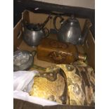 A box of misc to include pewter items, EPNS, a leather bound bottle, roll of snakeskin and a mirror