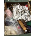 A box of misc, including 2 umbrella's, linen, haberdasery etc