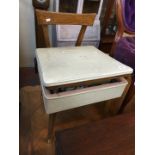 A retro chair with sewing items inside