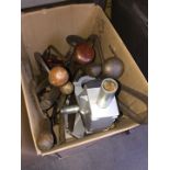 A box of tools, including brace and bit drills, pillar drill stand etc