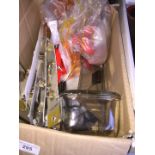 A box of door handles, cabin hooks etc