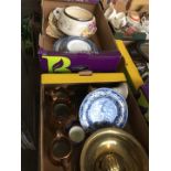 Two boxes of pottery and some brass