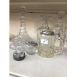 Various decanters and perfume bottle and glass container