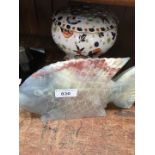 A Burlslem pot pourri rose dish and a marble fish ornament