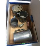 A box of pewter, brass and copper items