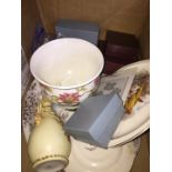 A small box of pottery and a bag of boxed craft items