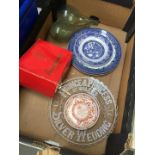 Box with plates and glassware including Preston Guild 1882