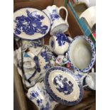 Box of blue and white pottery