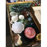 A box of bric a brac including glass and pottery ornaments etc.