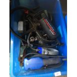 A box of tools including Draper electric sander, shoe last, plane etc