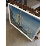 A print of ships in harbour and a picture frame