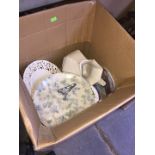 A box of pottery including a cake stand, jug etc