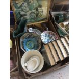 A box of misc including a vintage puppy eye dog picture, vintage pottery etc.