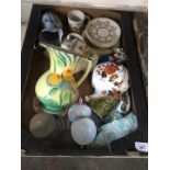 A box of pottery including an Art Deco Beswick Handcraft jug etc.