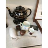 A mixed lot comprising a Victorian teapot and stand, other 19th century china, a clay pipe with