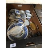 A box of misc including Royal Albert Old Country Roses, a trivet iron etc.