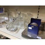 Selection of glassware, coasters and epns tray and some Crown Stafforshire drink labels