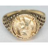 A hallmarked 9ct gold ring set with a gold coin, gross wt. 2.5g, size R/S.