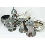 Hallmarked silver comprising a three piece cruet, a pair of twin handled salts, another salt and a