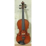 A late 19th century violin labelled 'Maggini Deutsche Arbeit 1886', length of back 36.5cm, with