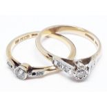 An 18ct gold diamond solitaire ring and a 9ct gold diamond ring, gross wt. 4.3g, size N.