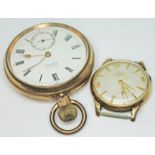 A 9ct gold Certina wristwatch and a gold plated pocket watch. Condition - both as found.