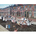 Fred Wilde (British 20th Century), "Street Party", oil on canvas, 103cm x 79cm, signed lower