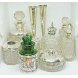 A mixed lot of hallmarked silver comprising a silver mounted green glass 'The Crown' perfume bottle,