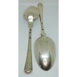 A pair of Georgian silver desert spoons, London 1767, length 21.5cm, wt. 4oz.