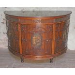 A good quality Edwardian Adams revival demi-lune mahogany side cabinet with three painted panels