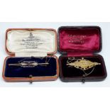 A 15ct gold brooch set with a diamond length 45mm gross wt. 3.6g and another brooch set with half